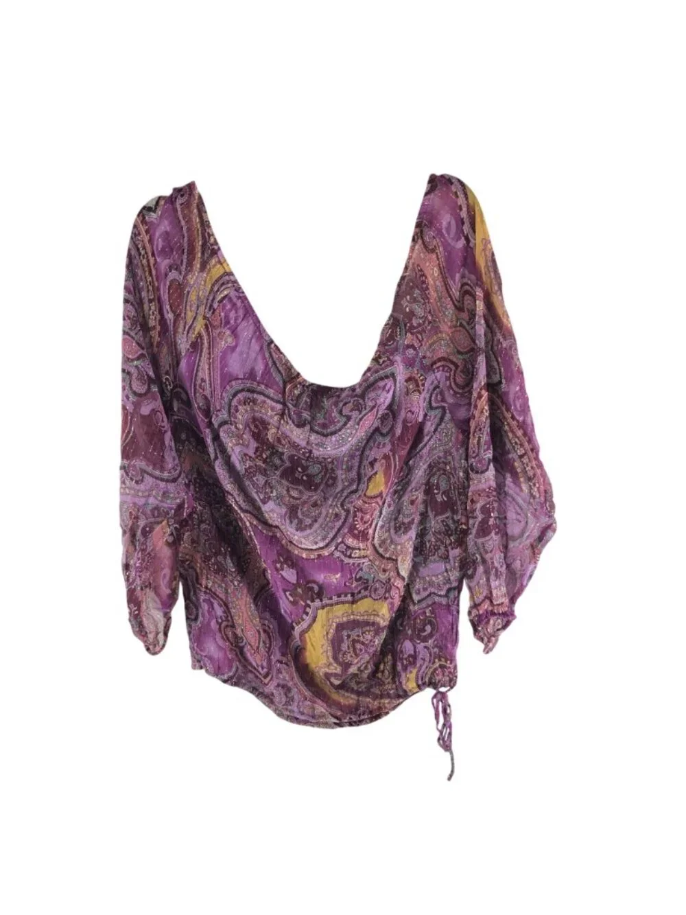 Scoop Beach Womens Paisley Sheer Silk Top Cover Up Tie Waist Purple & Yellow S